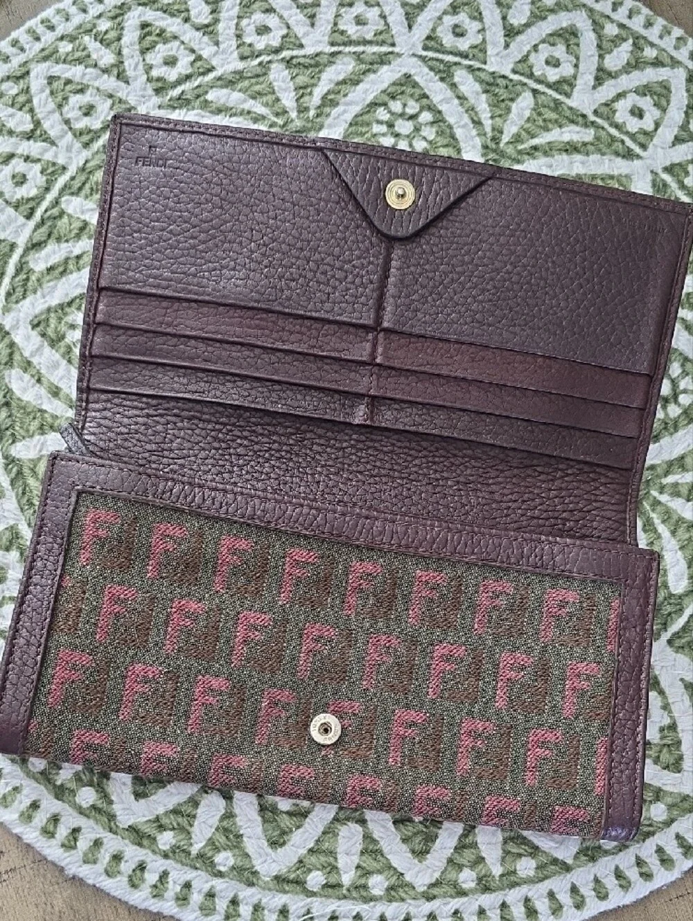 Fendi Olive & Pink Zucca Continental Wallet with Gold-Tone FF Charm